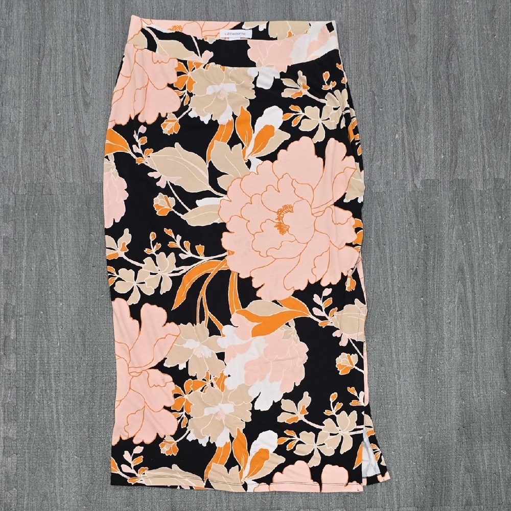 Liz Claiborne Black and Orange And Pink A Line Floral Skirt Size Medium